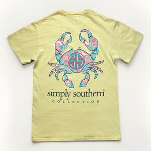 Simply Southern Women's Shirt S Beachy Floral Crab T-Shirt Summer Yellow Tee